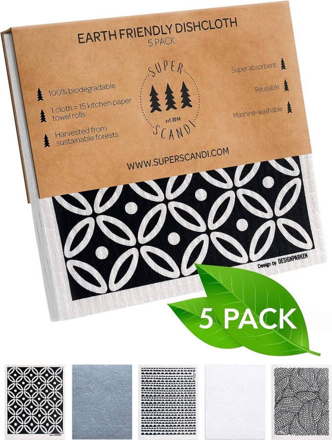 Gemaakt in Zweden Vaatdoeken Milieuvriendelijk Papier Alternatieve Scandi Prints 5 Pack Herbruikbare Composteerbare Keuken Vaatdoeken & Lompen