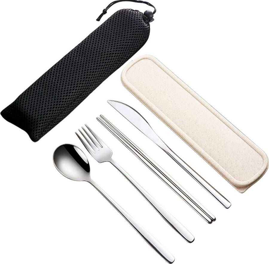 Gemengde bestekset 4-delige roestvrijstalen bestekset met koffer gepolijst en vaatwasmachinebestendig 1 x vork 1 x lepel 1 x mes 1 x eetstokjes voor schoolwerkpicknick (zilver)