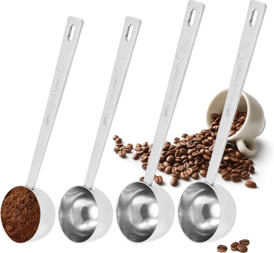 Generiek set van 4 roestvrijstalen lange maatlepels schepset voor koffie thee suiker meel (15 ml 30 ml)
