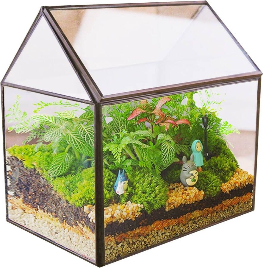 Geometrisch Terrarium Met Vensterbank Modern Artistiek Huisvorm Prismaglas Helder Glazen Opbergdoos Sieradenhouder Voor Planten Vetplant Fern Moss Display Container Tafelblad Decor (zwart)