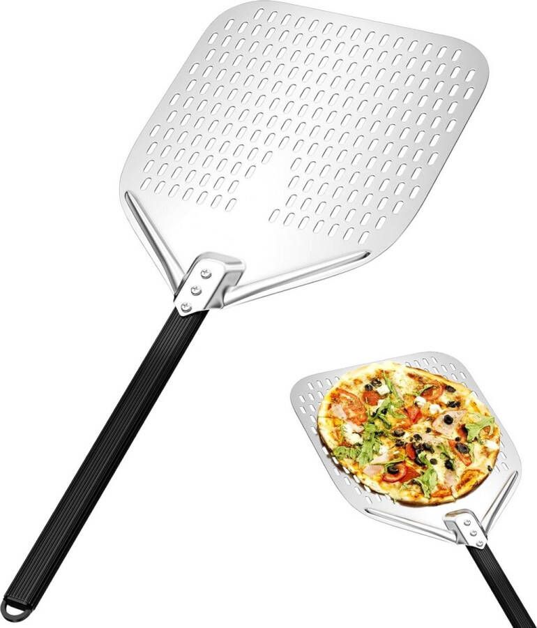 Geperforeerde aluminium pizzaschep met lange handgreep 40 cm optillen van pizza's en bakwaren voor de oven rechthoekig