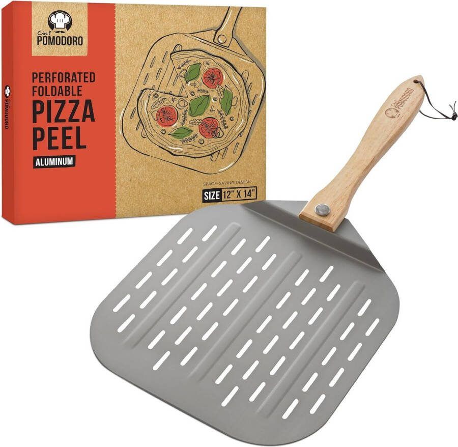 Geperforeerde aluminium pizzaschep voor het eenvoudig inbrengen van het pizzadeeg perfect als ovenaccessoire en voor hobbypizzamakers