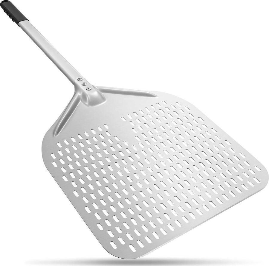 Geperforeerde pizzaschep van geanodiseerd aluminium met siliconen handgreep 14 inch lang 88 cm