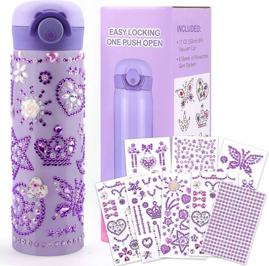 Purple Ladybug Gepersonaliseerde lila drinkfles voor kinderen met strass edelsteenstickers DIY knutselset BPA-vrij 500ml Creatief doe-het-zelf handwerk voor meisjes