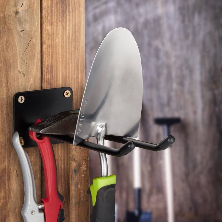 Gereedschapshaak staal dubbele haak wandhaak voor tuingereedschap tot 25 kg van staal 24 cm zwart