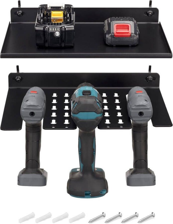 Gereedschapshouder voor de werkplaats Ophangsysteem voor 3 boormachines Organizer voor gereedschap Incl. plankje voor accu's en opladers