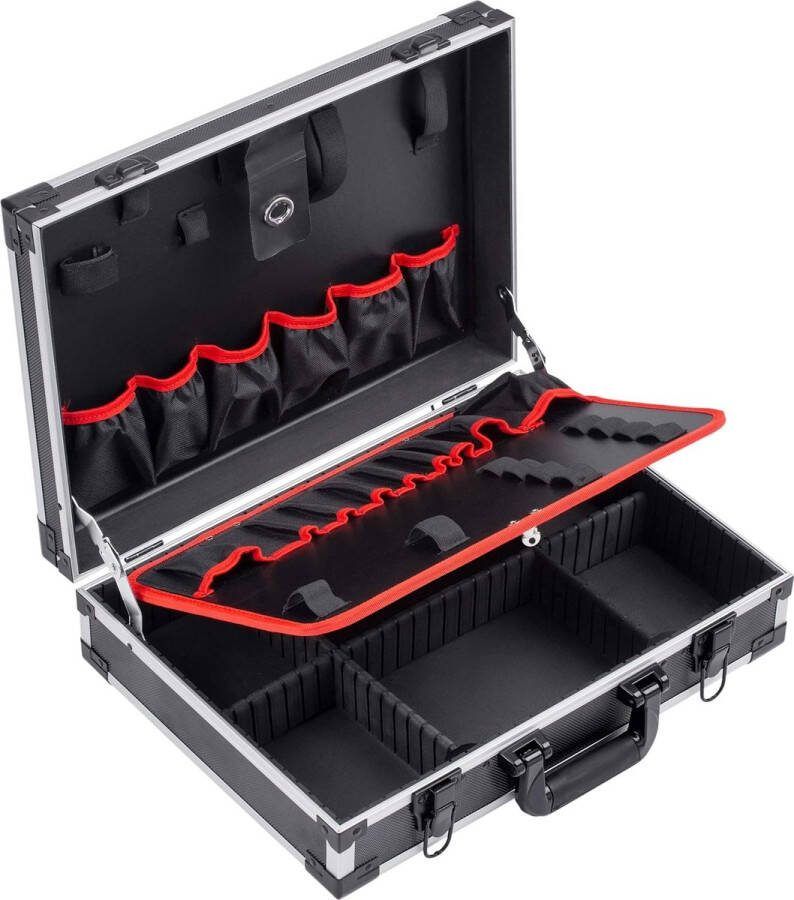 Gereedschapskoffer leeg 460 x 320 x 140 mm individuele vakverdeling 15 gereedschapstassen met elastieken 15 kg draagvermogen stabiele aluminium koffer gereedschapskist organizer