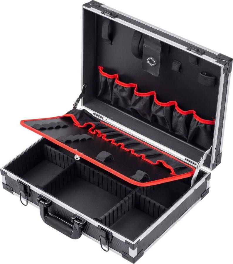 Gereedschapskoffer leeg individuele vakverdeling 15 gereedschapstassen met elastieken 15 kg draagkracht stabiele aluminium koffer 460x320x140 mm