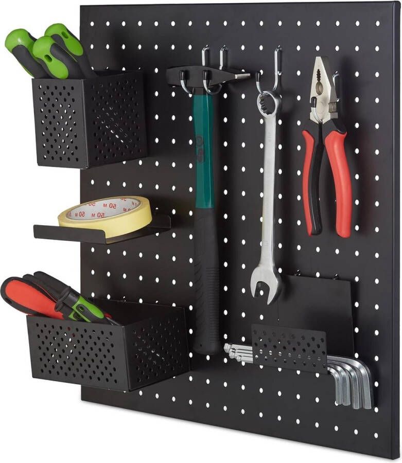 Gereedschapswand 45 x 45 cm 9-delige gereedschapshouder geperforeerde wand zwart opbergrek Gereedschapswand