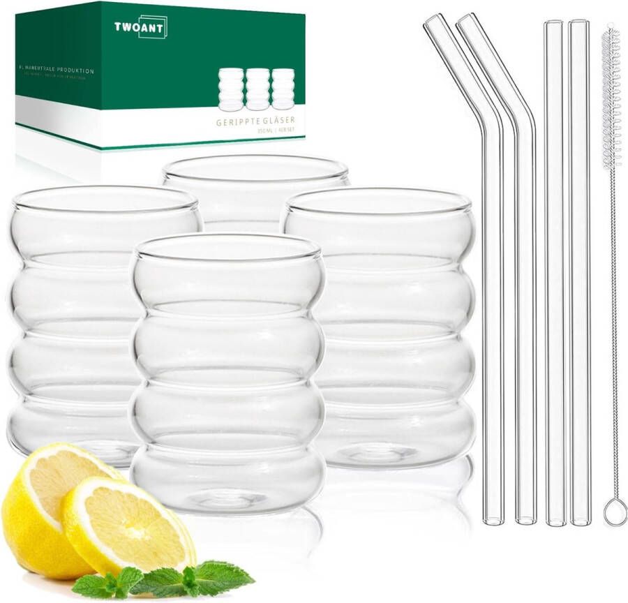 Geribbelde drinkglazen 350 ml set van 4 cocktailglazen golvende waterglazen drankglazen drinkglazen van glas glazen voor water drink sap met glazen rietjes en borstels