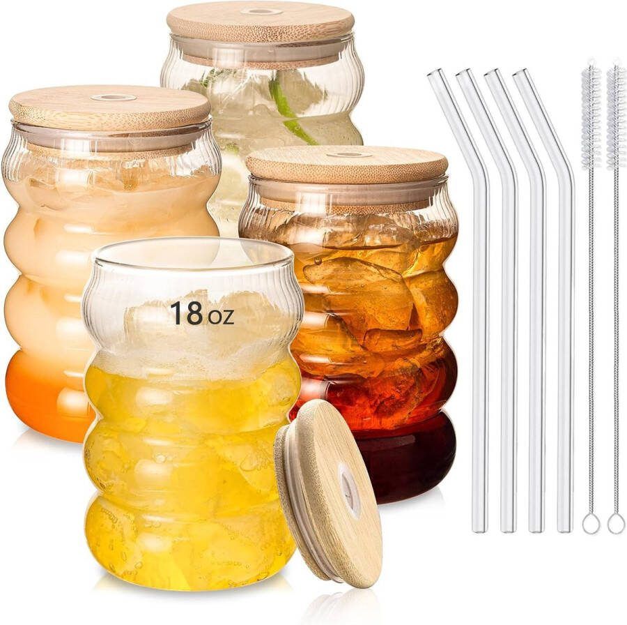Geribbelde drinkglazen set van 4 18 oz geribbelde glazen waterglazen ijskoffieglazen met rietje vintage golfglazen drinkglazen longdrinkglazen cocktailglazen voor melk frisdrank