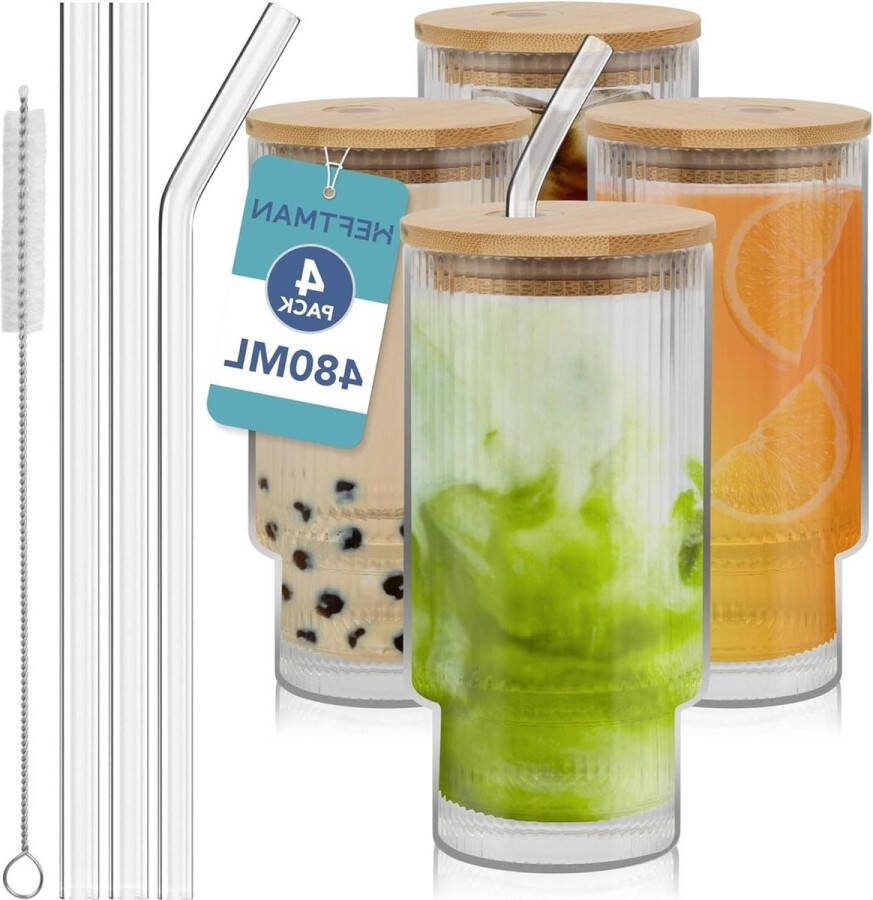 Geribbelde glazen bekers 480ml met bamboe deksels en rietjes set van 4 stapelbare ijskoffieglas met reinigingsborstels