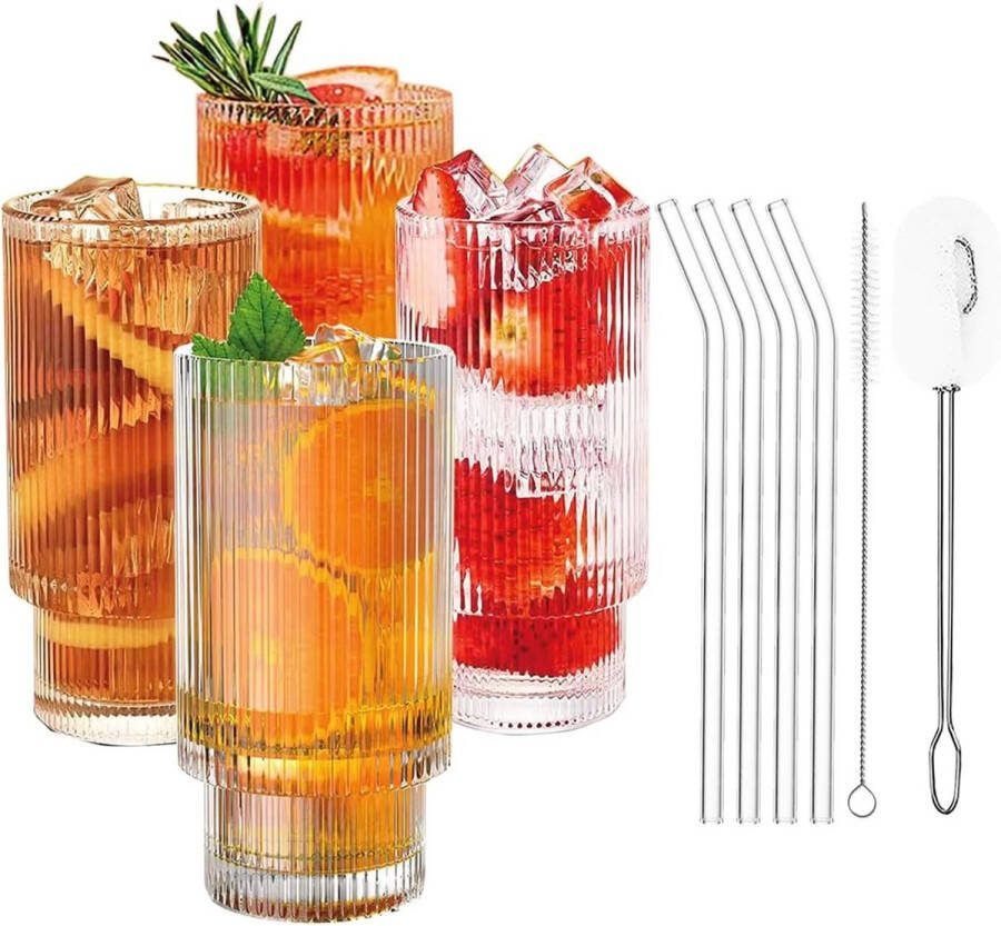 Geribbelde glazen cocktailglazen set van 4 longdrinkglazen set met rietje en reinigingsborstels geribbelde glazen drinkglazenset voor familie camping feest bar