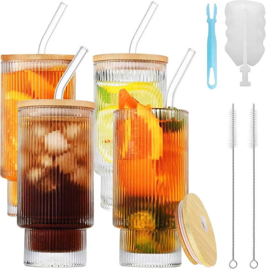 Geribbelde glazen met glazen rietje 500 ml glazenset voor cocktails whisky bier ijskoffie soda sappen (verpakking van 4-500 ml + houten deksel)