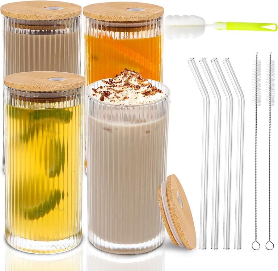 Geribbelde glazen set van 4 glas met deksel en rietje vintage geribbelde glazen ijskoffieglazen esthetische cocktailglazen bubble tea kopjes drinkglas in blikvorm koffie bier cocktail
