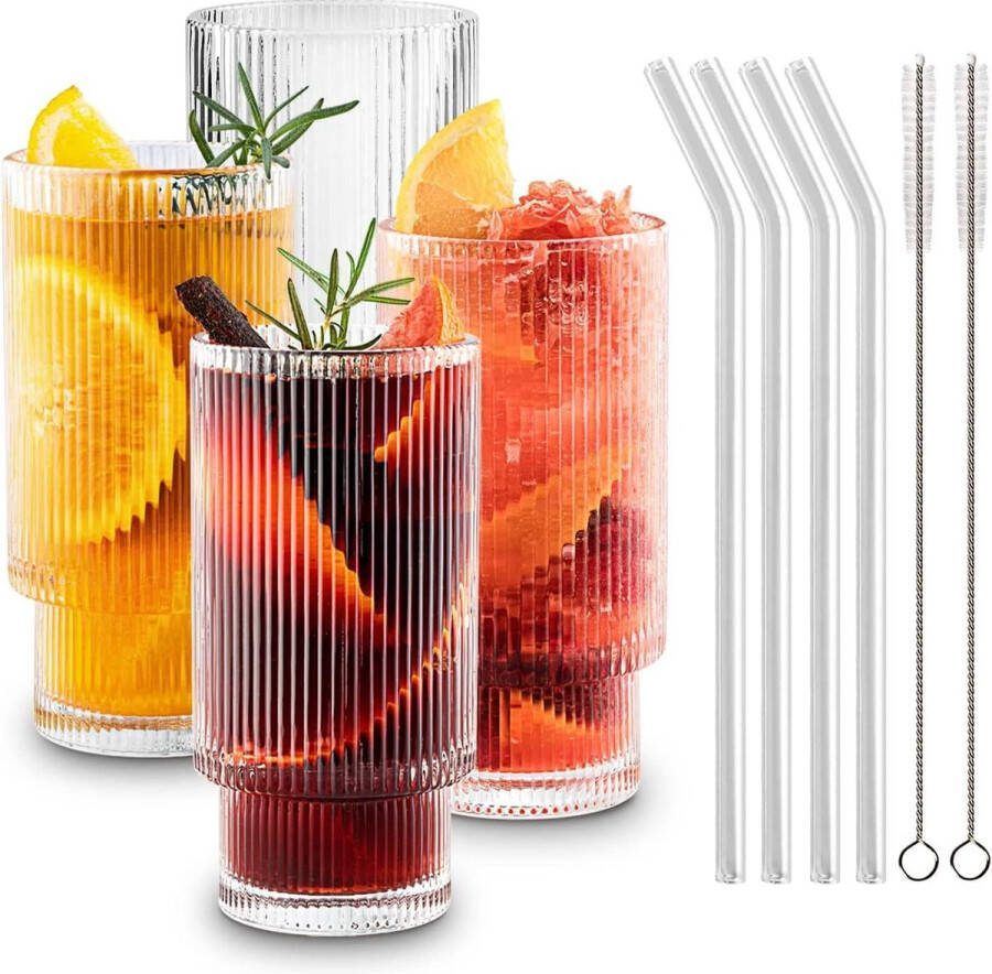 Geribbelde Glazenset met Glazen Rietje 4 stuks 310 ml Longdrinkglazen Set Origami Stijl Glazen Bekers Vintage Glaswerk met Ribbels Glazenset Ideaal voor Cocktails en Koffieglazen