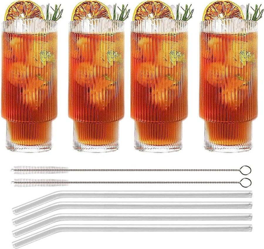 Geribbelde glazenset met glazen rietje drinkglazen origami-stijl glazen beker ripple vintage glaswerk 4-delige set 310 ml longdrinkglazen ideaal voor cocktailparty's geschenken