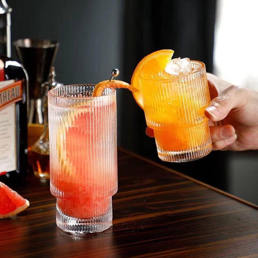 Geribbelde glazenset met glazen rietje drinkglazen origami-stijl glazen bekers rible vintage glaswerk 4-delige 310 ml longdrinkglazenset glazen set ideaal voor cocktails (longdrinkglazen 6 set)