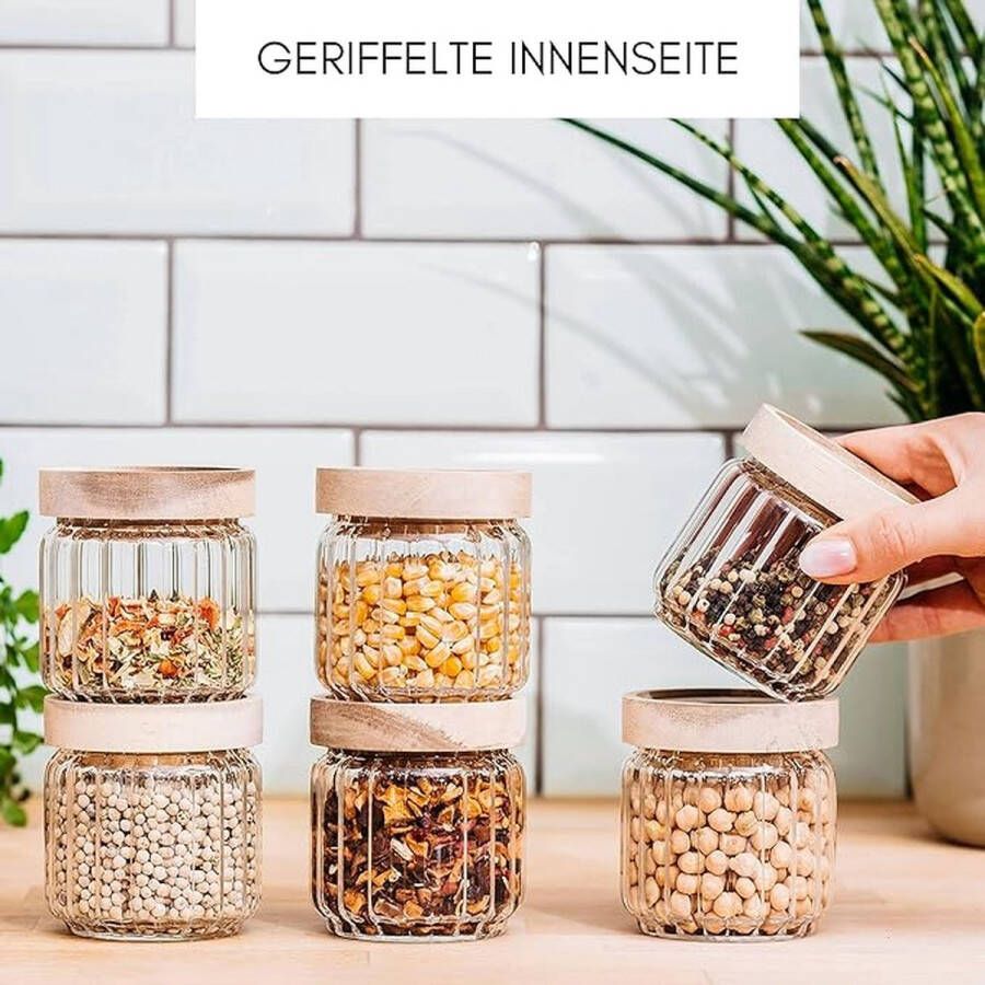 Geribbelde kruidenpotjes (150 ml 6-delig) stapelbaar en luchtdicht kruidenpotjes set met deksel voorraaddozen glazen container voor levensmiddelen of specerijen groot en klein