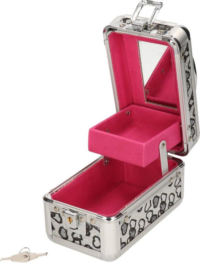 Merkloos Sans marque Beautycase met grijze hartjes en extra vakje 9 x 16 x 14 cm Make up koffers Sieradenkist juwelenkist