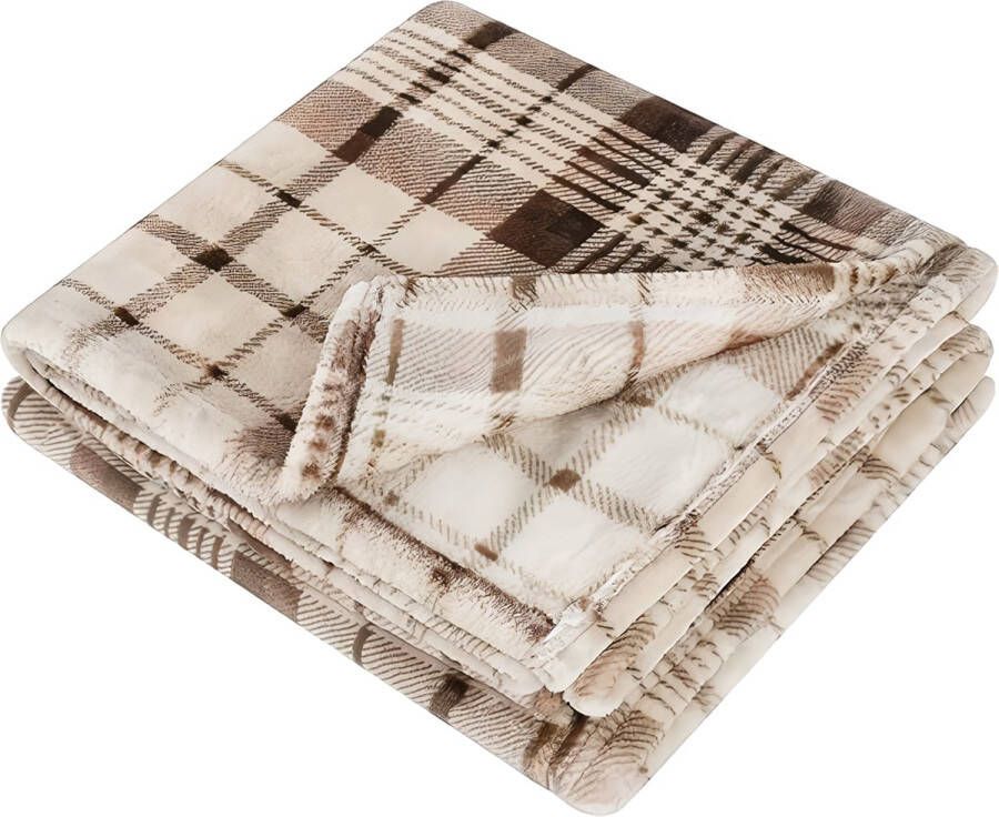 Geruite deken sprei buffeldeken zachte woondeken Kerstmis geruit warme pluche microvezel omkeerbare deken voor bank bed 150 x 130 cm plaid bruin