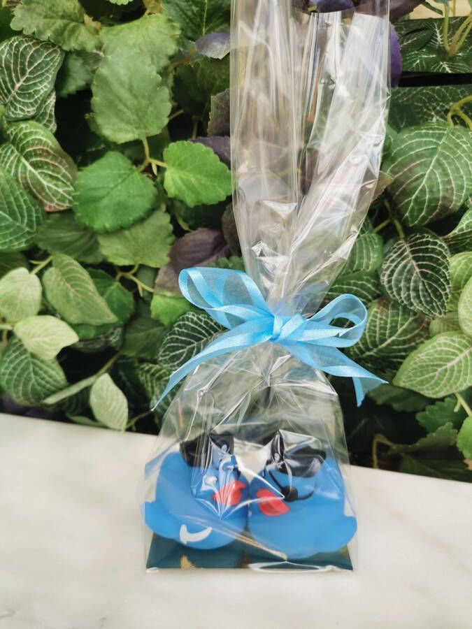 Geschenkpakketje van 2 schattige blauwe badeendjes piraat in het water geven ze licht