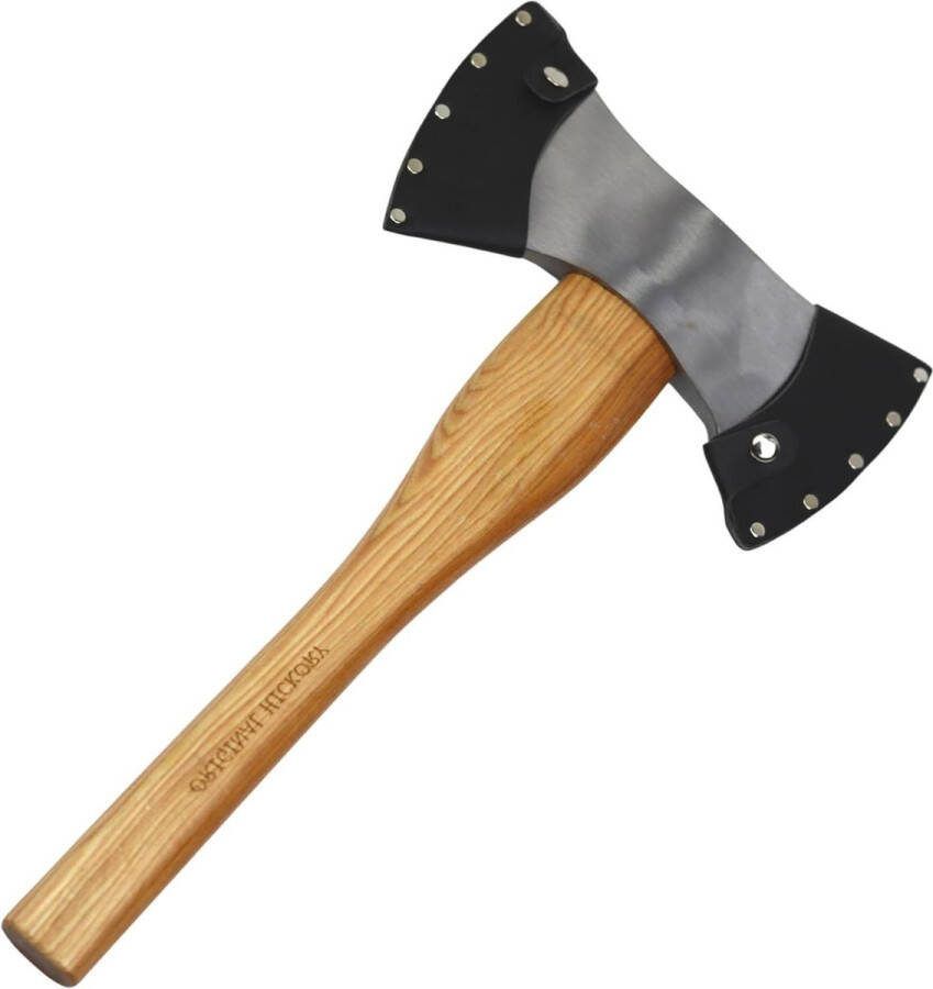 Gesmede koolstofstalen dubbele kop bijl met hickory houten handvat Viking 42 cm 14 kg inclusief leren beschermhoes