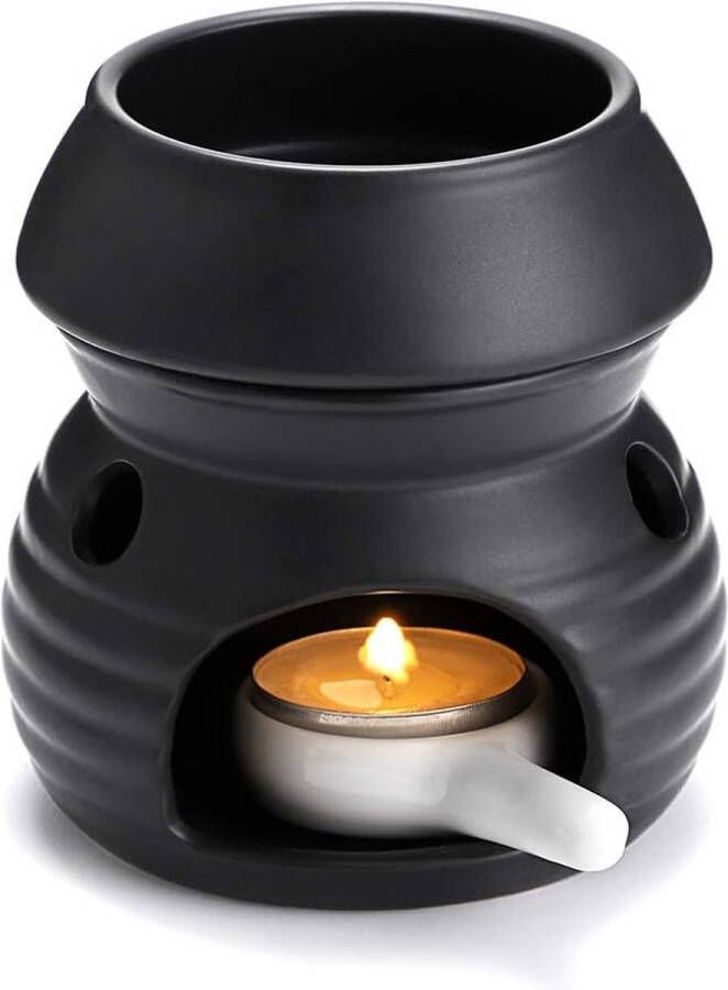 Geurlamp van keramiek met kandelaar theelichthouder kalebasse aromalamp geurlicht aroma-brander voor geurolie en geurwas (zwart)