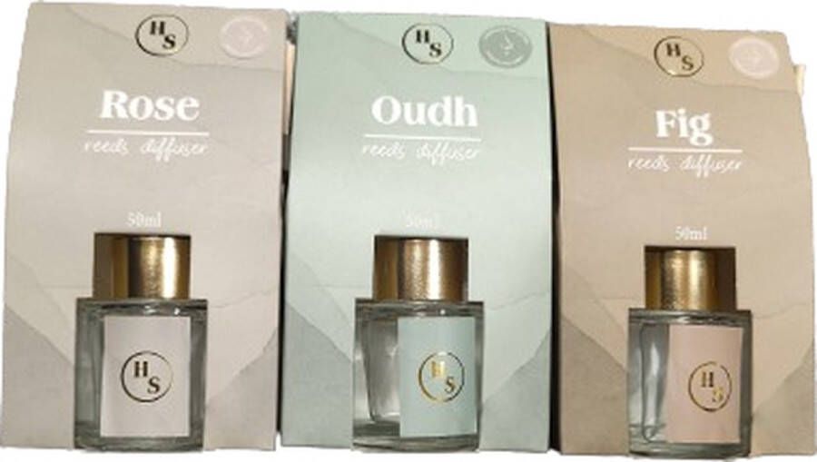 Geurstokjes Diffuser Gold Collection Set van 3 OUDH FIG ROSE Reeds Diffuser 50 ml Glas Gouden dop Cadeautip Cadeauset Aanmaakblokjes