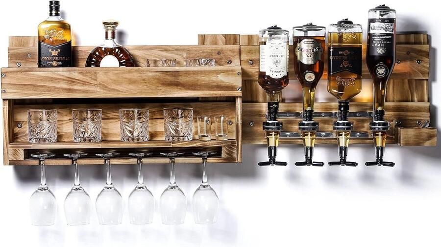 Gevlamd pallethout wandbar met 4 drankdispensers Wijnrek flessenhouders vintage