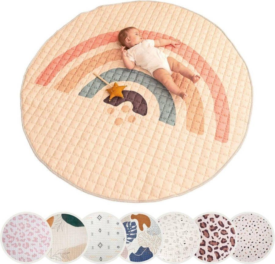 Gewatteerde babyspeelmat van 150 cm Extra dikke speelmat van 15 cm Regenboogpatroon Antislip Spelen en plezier