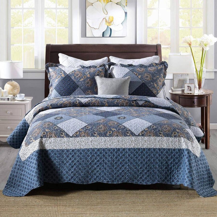 Gewatteerde sprei 220 x 240 cm voor bed patchwork bedsprei van microvezel dun winterdekbed omkeerbaar ontwerp blauw met bloemmotief
