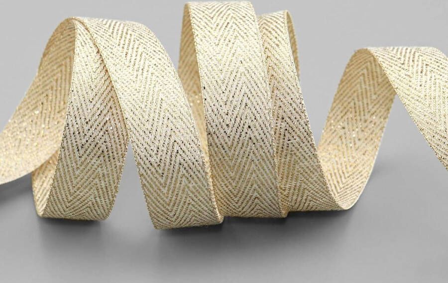 Geweven band visgraat goud-crème 20m x 15mm ivoor lint voor decoratie & knutselen