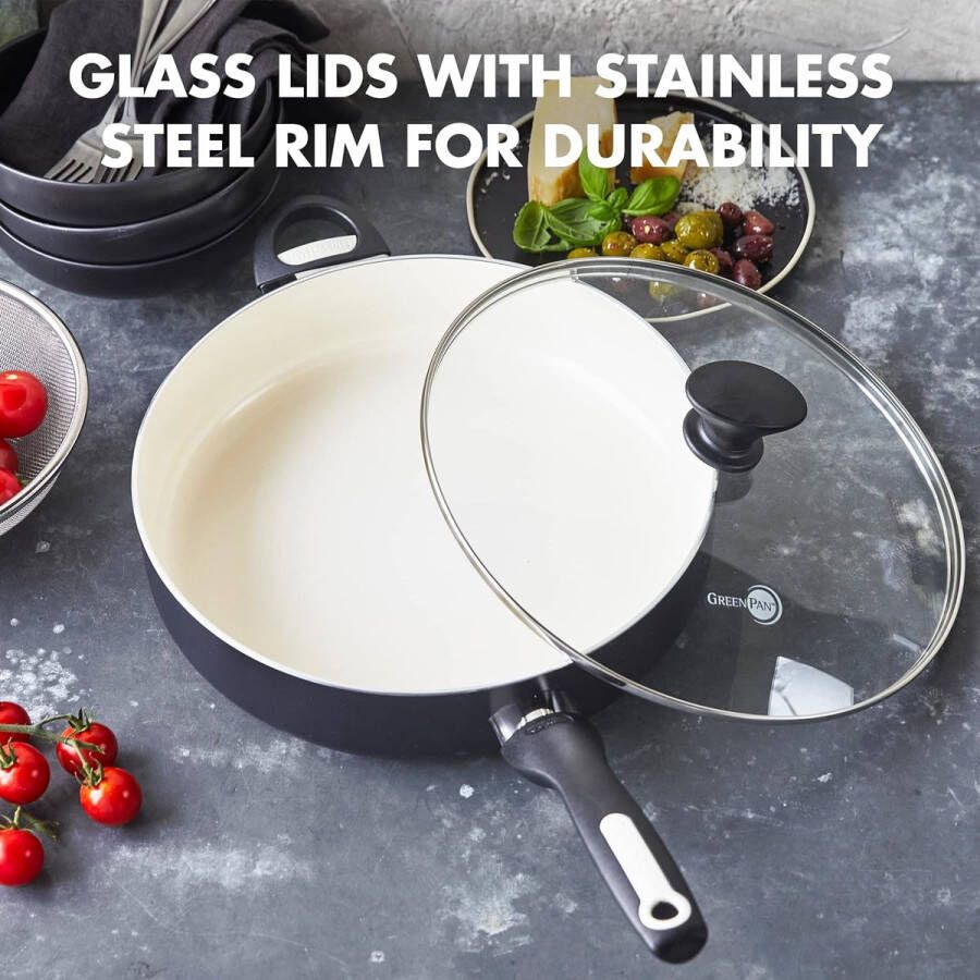 Gezonde Keramische Anti-aanbak 30cm 4 8 Liter Sauteerpan met Deksel PFAS Vrij Stay-Cool Handgreep Ovenbestendig tot 160°C Zwart & Crème