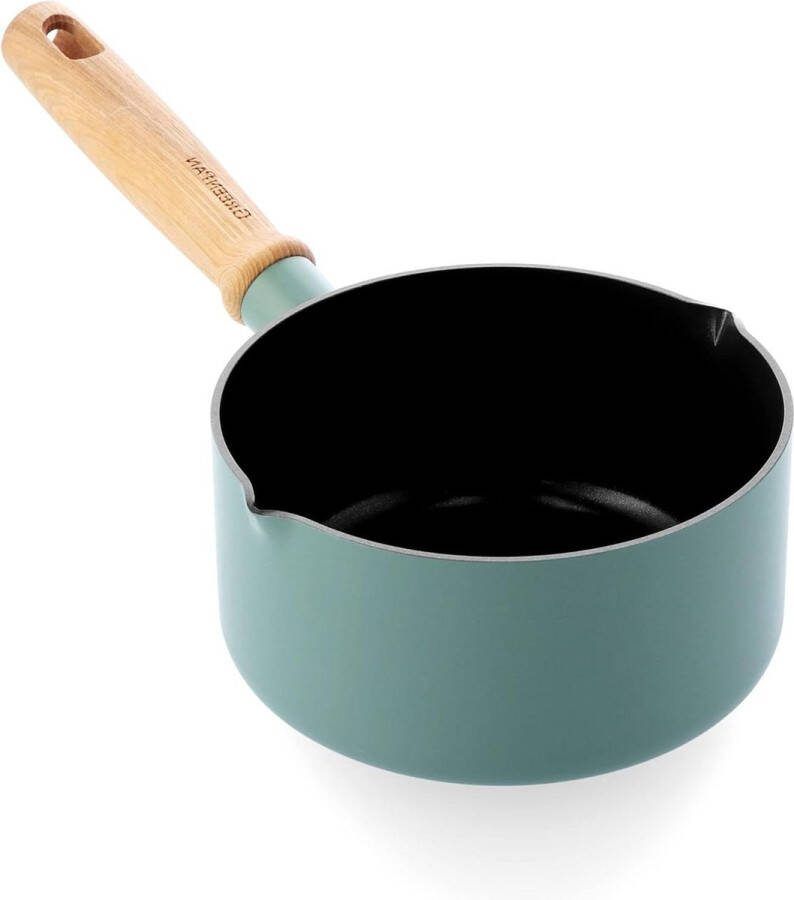 Gezonde keramische anti-aanbak steelpan 16 cm 16l Hout geïnspireerde handgreep PFAS-vrij Inductiegeschikt Blauw
