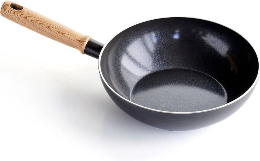 Gezonde Keramische Antiaanbaklaag 24cm-25 Liter Wokpan Met Houten Handgreep PFAS-Free Grijs Inductie Geschikt Vaatwasmachinebestendig