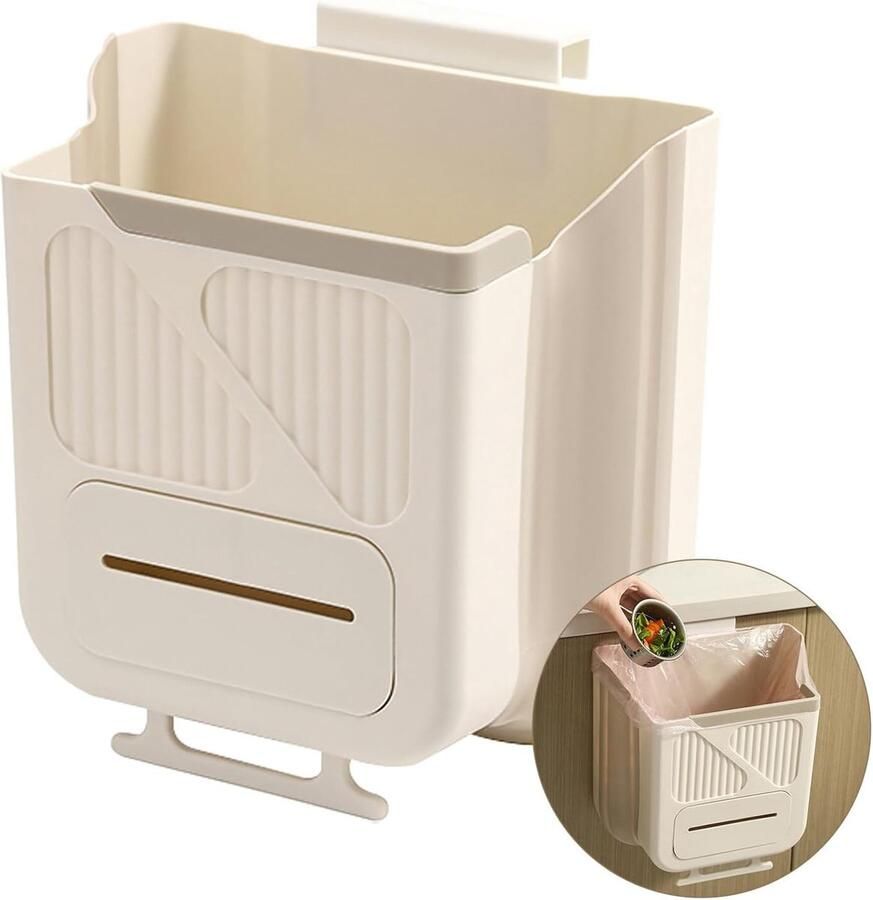 GFT-afvalbak keuken compostbak keuken 7L hangende keukenafvalbak zonder deksel opvouwbare wandgemonteerde GFT-container voor gootsteen bureau slaapkamer badkamer (wit)