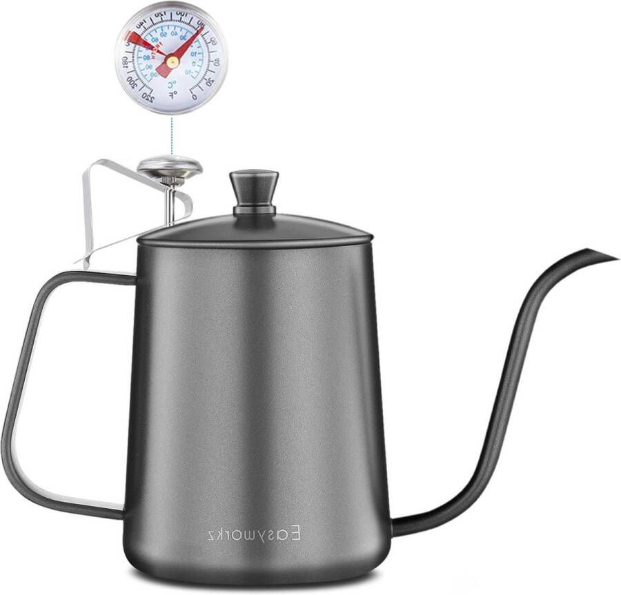 Giet Over Koffieketel 600 ml met Thermometer Lange Smalle Uitloop 304 Rvs Koffiepot Zwart Koffiepot