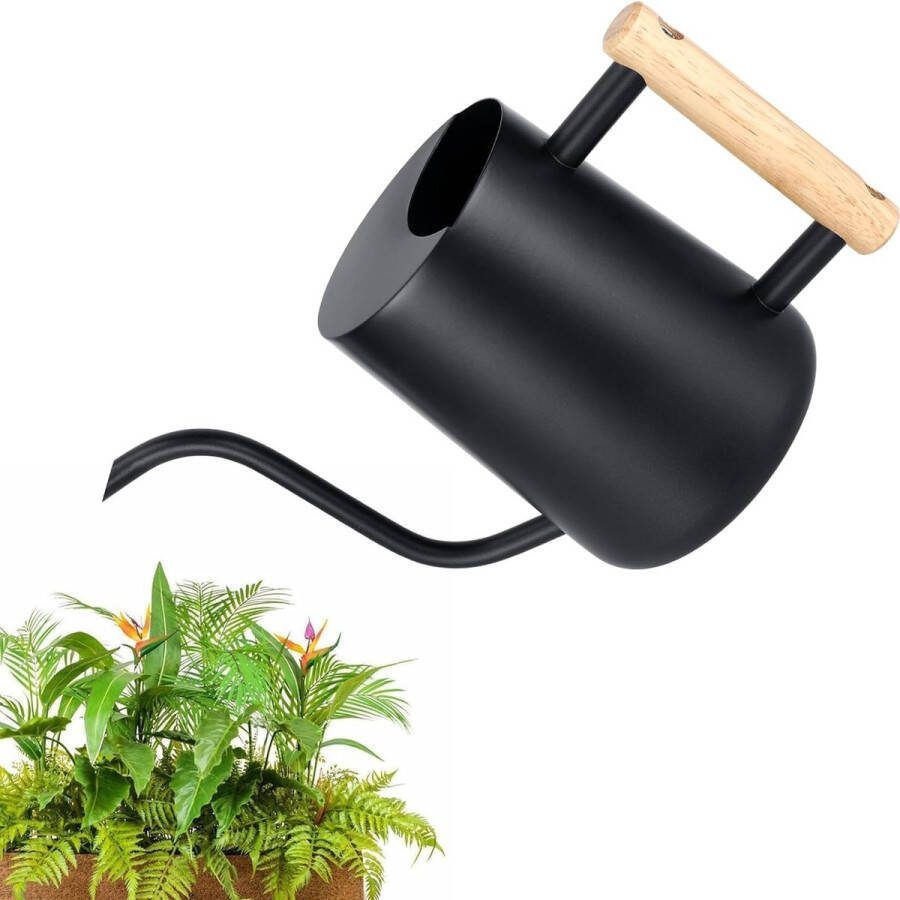 Gieter kamerplanten 1 l roestvrij staal lange uitloop gieter comfortabel houten handvat moderne irrigatiepot voor vetplanten voor balkon kantoor woonkamer (zwart)
