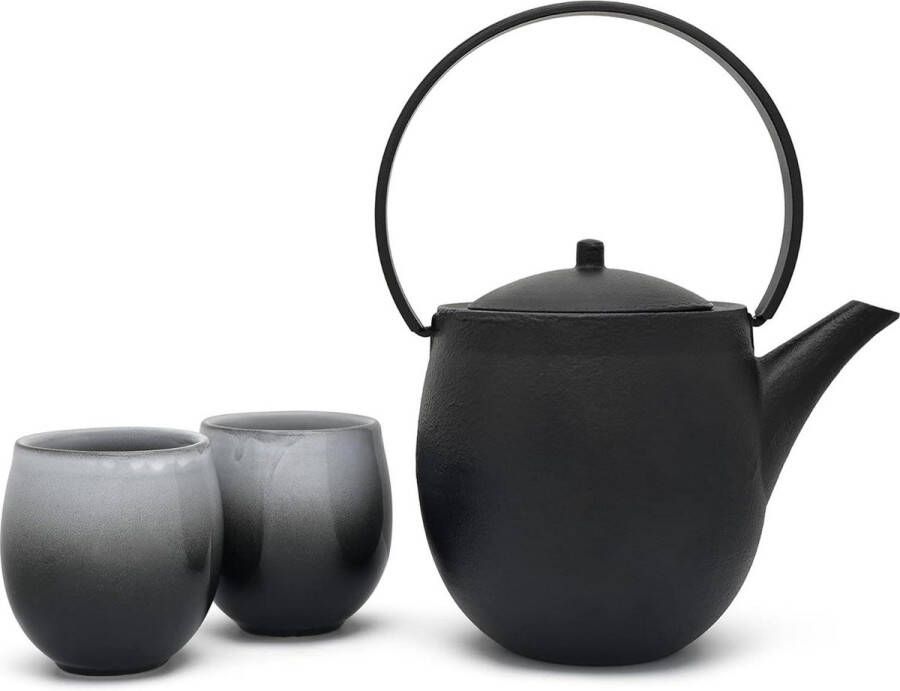 Gietijzeren Asia theepot zwart 12 liter incl. 2 porseleinen theebekers losse thee bereiden