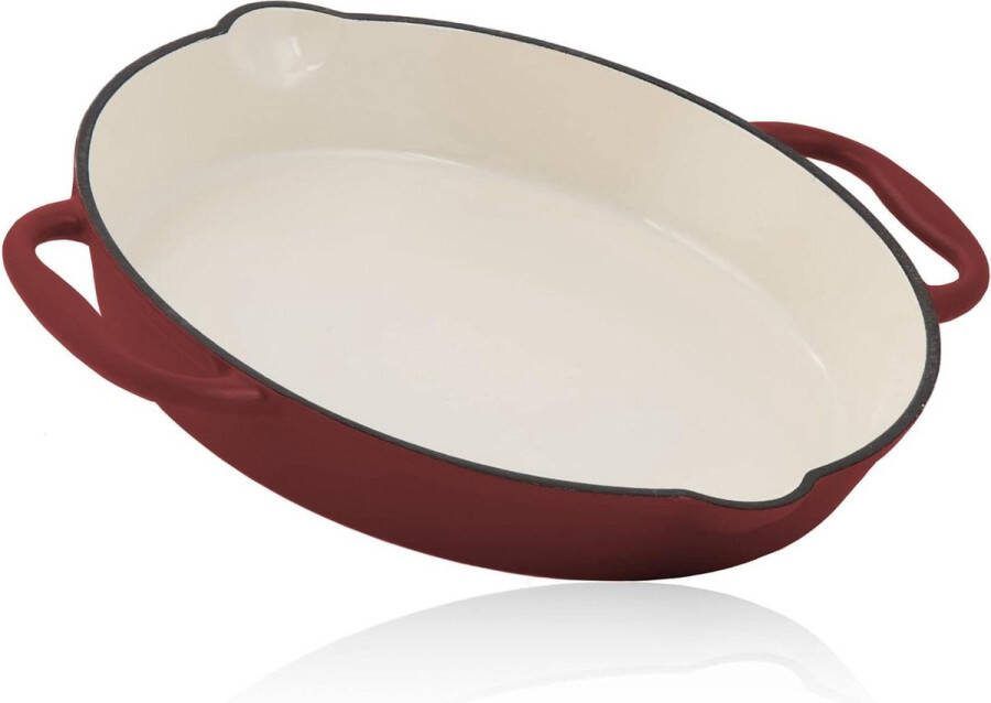 Gietijzeren Braadpan Geëmailleerd 29 cm Dark Cherry Kleur Twee Handgrepen Twee Schenktuiten