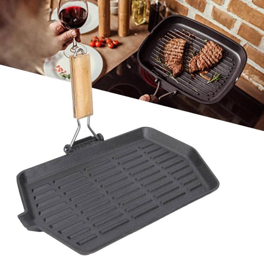 Gietijzeren Grillpan 21x35 cm Non-stick Zelfs Verwarming Steak Pan met Houten Handvat