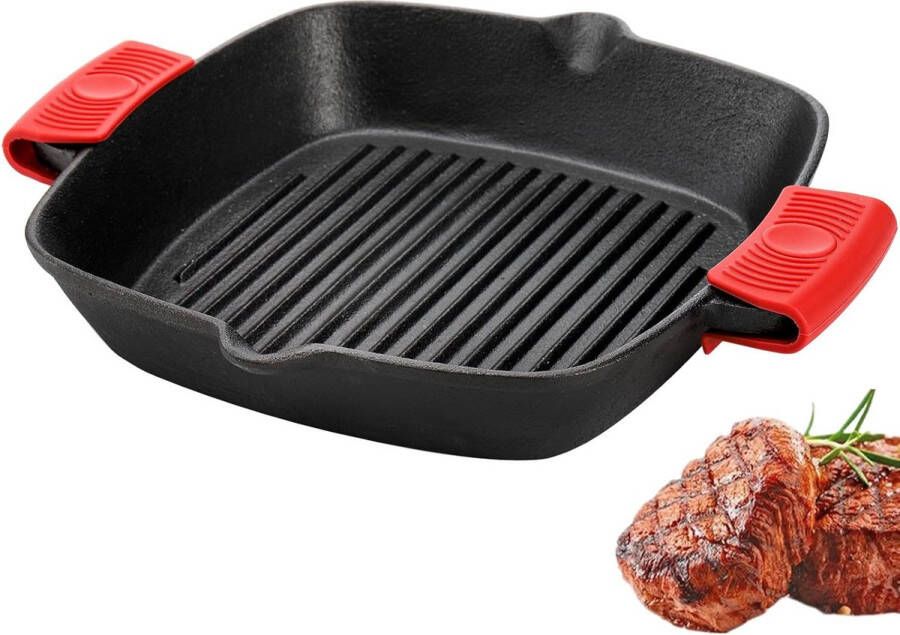 Gietijzeren grillpan 25 cm vierkante pan met gemakkelijke vetafvoeruitloop en twee siliconen handgrepen vlees kamperen en grillen