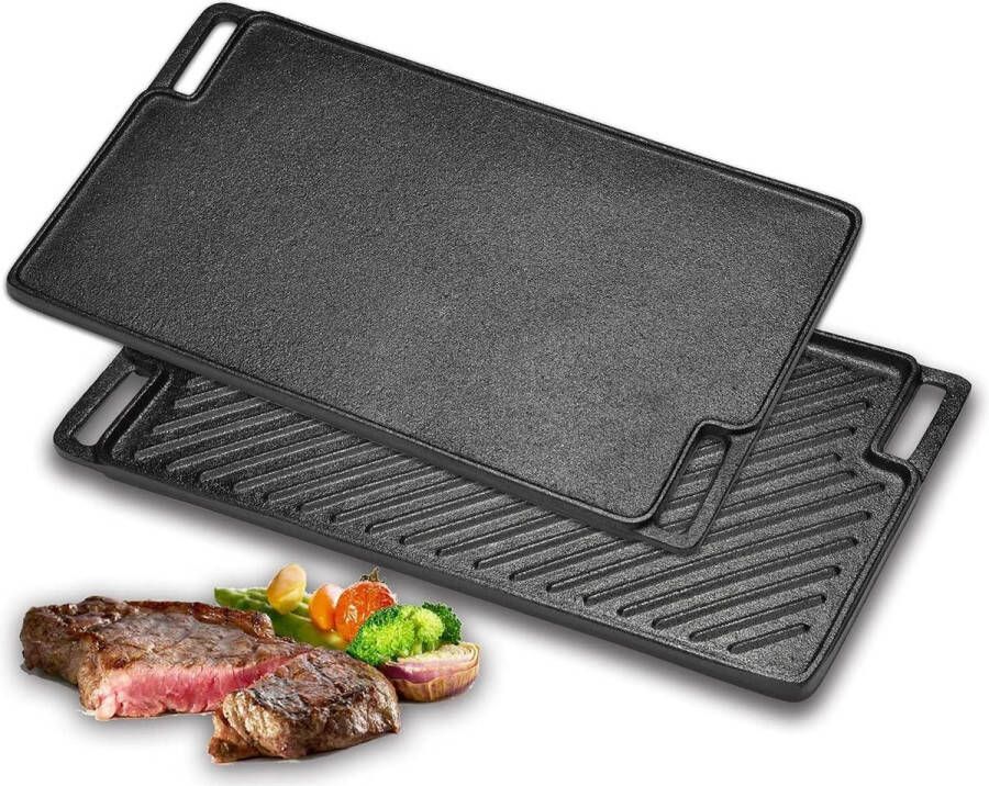 Gietijzeren grillpan dubbelzijdig bruikbaar voor gasfornuizen en barbecues 455 x 26 cm