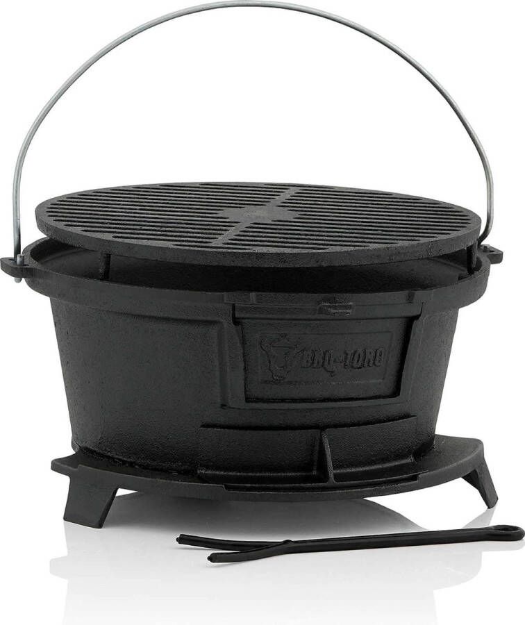 Gietijzeren grillpan met grillrooster (B) 32 x (D) 33 x (H) 18 cm Hibachi Style grill met grillrooster houtskool campinggrill gietijzeren vuurpan BBQ Dutch Oven Station