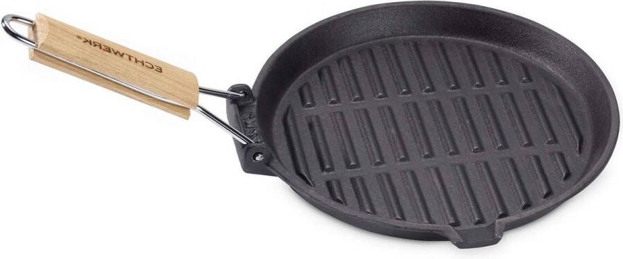 Gietijzeren grillpan met grillstrips en houten handvat zwart