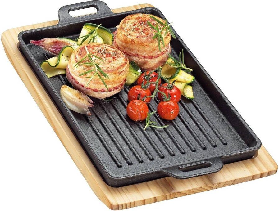 Gietijzeren grillpan met groeven op houten plank Vuurbestendig Geschikt voor alle warmtebronnen Serveerpan 32x22x35 cm