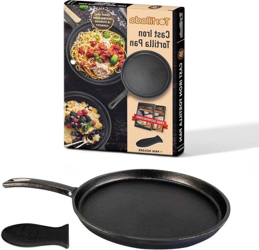 Gietijzeren Grillplaat 26cm Voorgekruid Met Houder voor Hete Handvat Inclusief E-Boek 50 Tortilla Recepten