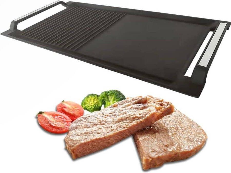 Gietijzeren grillplaat 43 x 23 cm met handgrepen anti-slip grillpan geribbeld en glad oppervlak inductie kookplaten oven barbecue gasgrill. grillplaat inductie