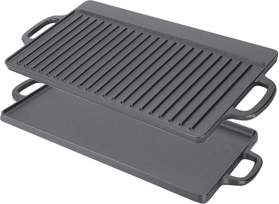 Gietijzeren grillplaat met handgrepen grillpan voor gasgrill en kolengrill dubbelzijdig bruikbare grillplaat geribbeld en glad oppervlak geschikt voor inductie 505 grillplaat inductie